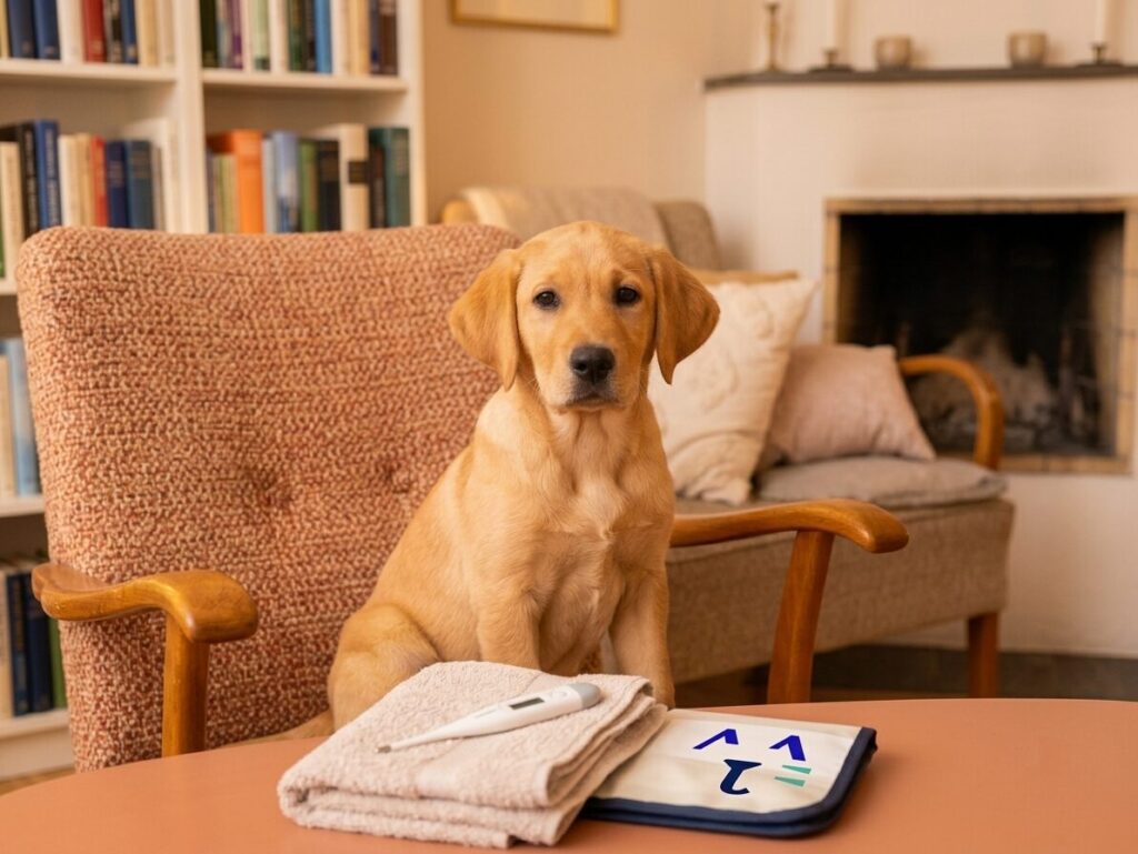 En söt Golden retriever-valp som sitter på en stol och illustrerar priser för hembesök av veterinär