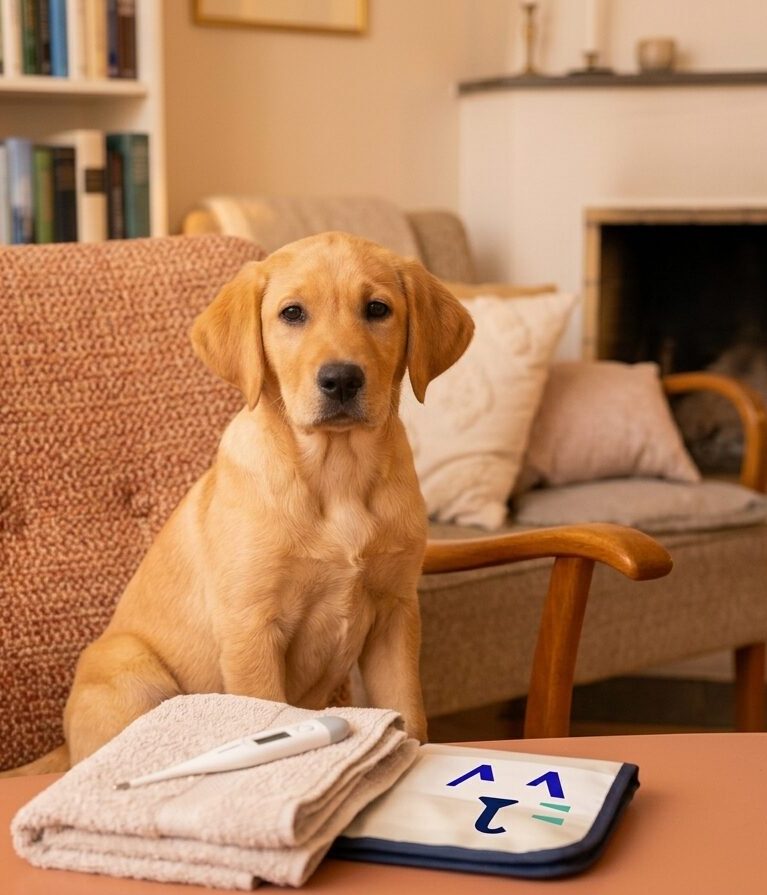 En söt Golden retriever-valp som sitter på en stol och illustrerar priser för hembesök av veterinär